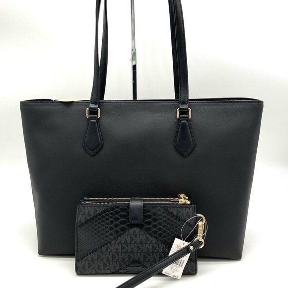 Michael Kors Bag Large Sheila Mf Tote Bag & Large Double Zip Wallet Black/Gold - Picture 5 of 14